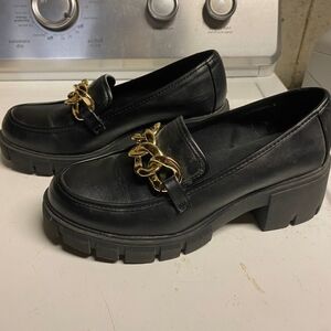 Madden NYC Chunky Black Loafers with Gold Accent